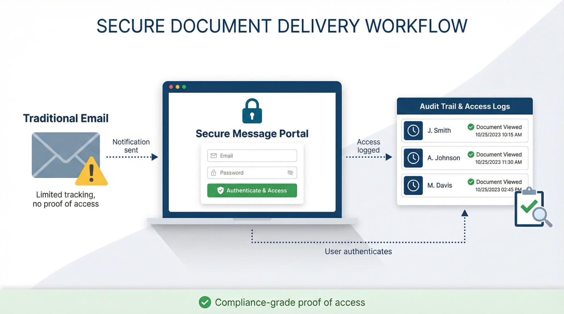 Secure document portal workflow showing email notification leading to authenticated access with audit logging